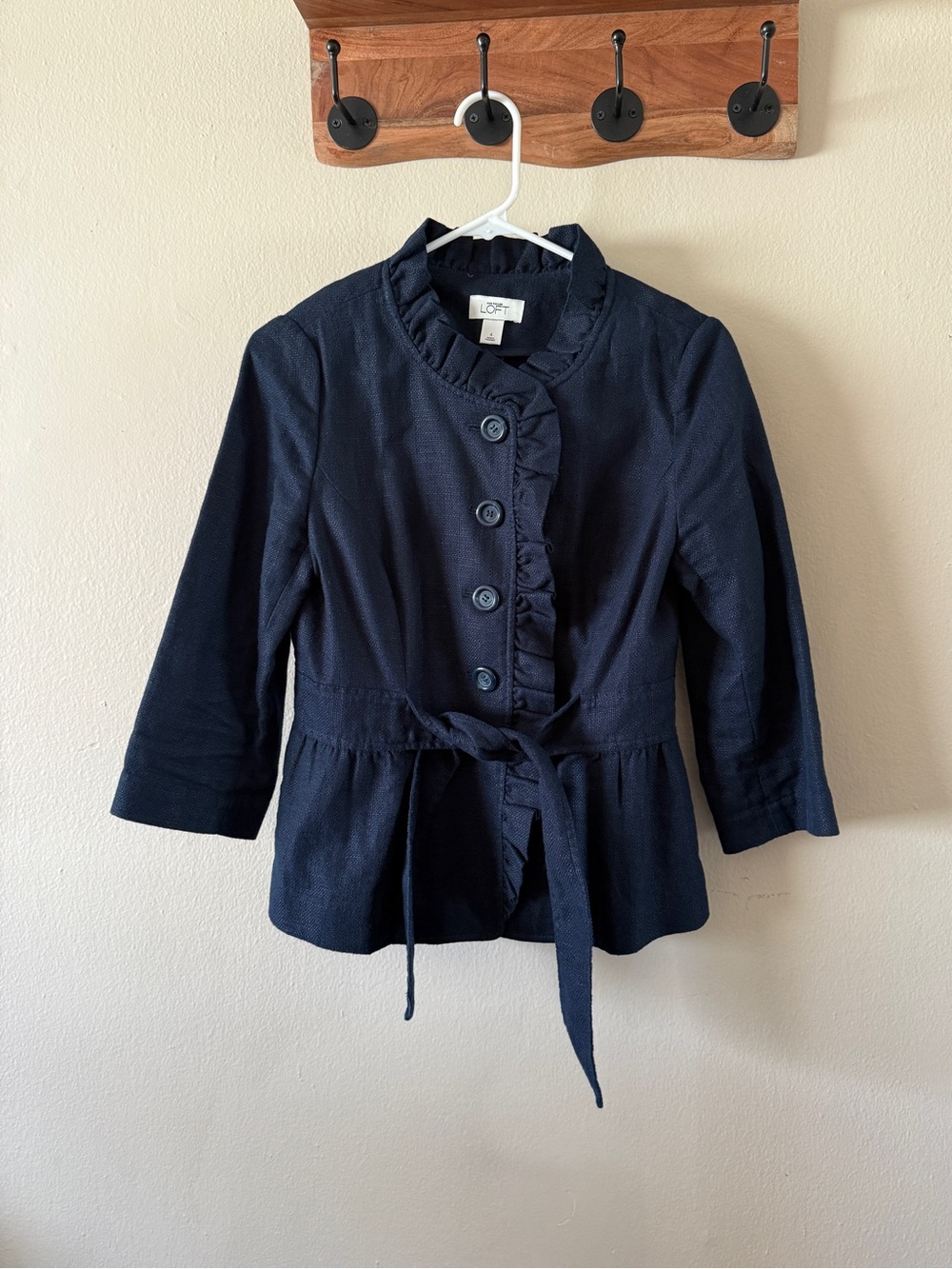 Y2K LOFT Navy Cotton Linen Belted Peplum Lady Jacket Ruffle Blazer Size 4